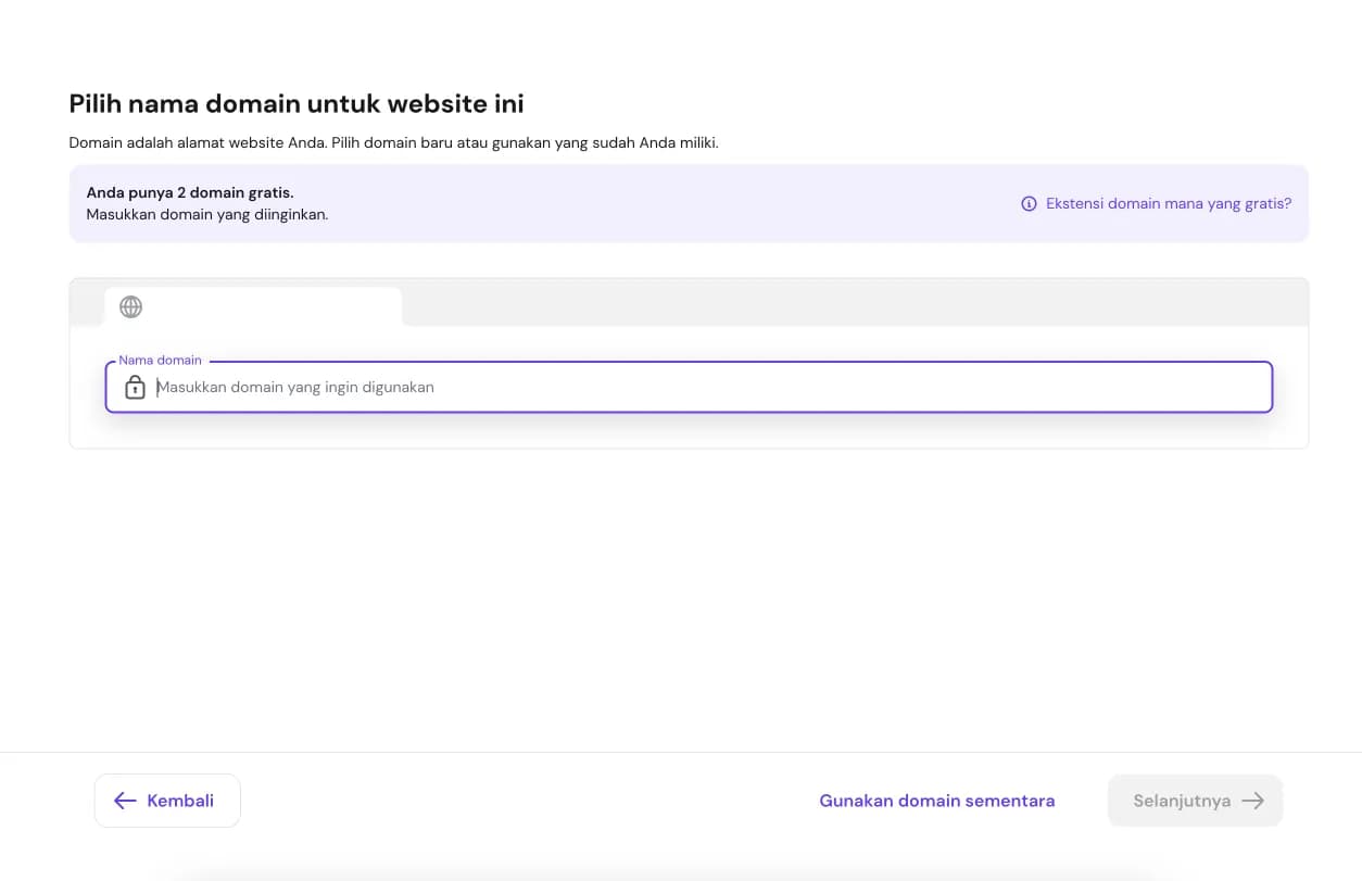 Pemilihan nama domain dalam onboarding Hostinger