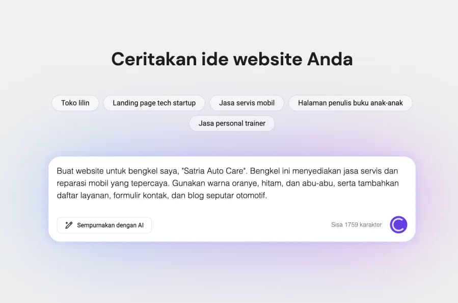 Form untuk menceritakan ide website kepada AI Hostinger
