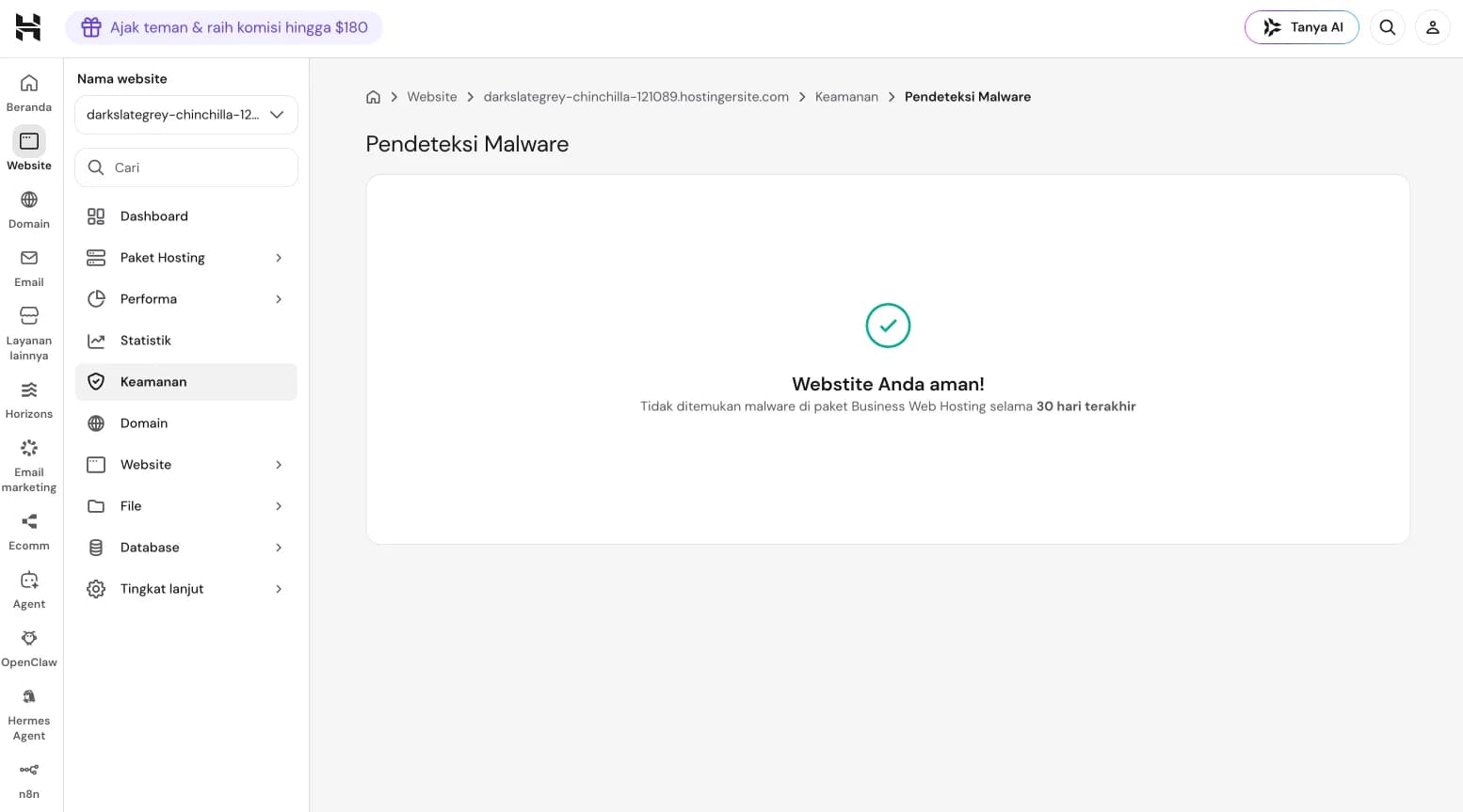 Tampilan Pendeteksi Malware di hPanel Hostinger