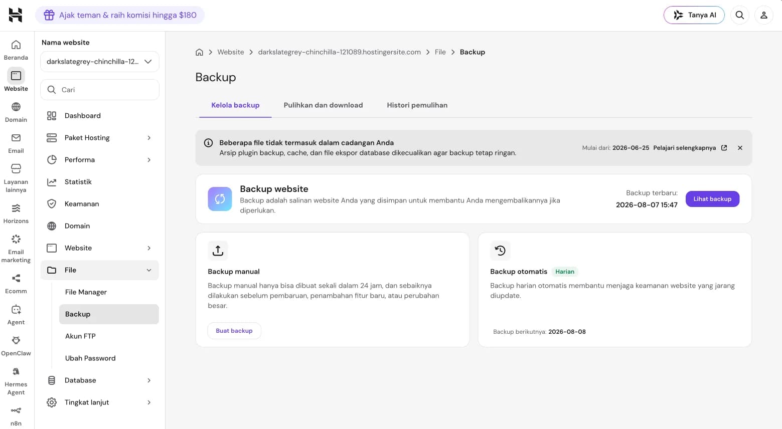 Halaman pengelolaan backup harian di hPanel