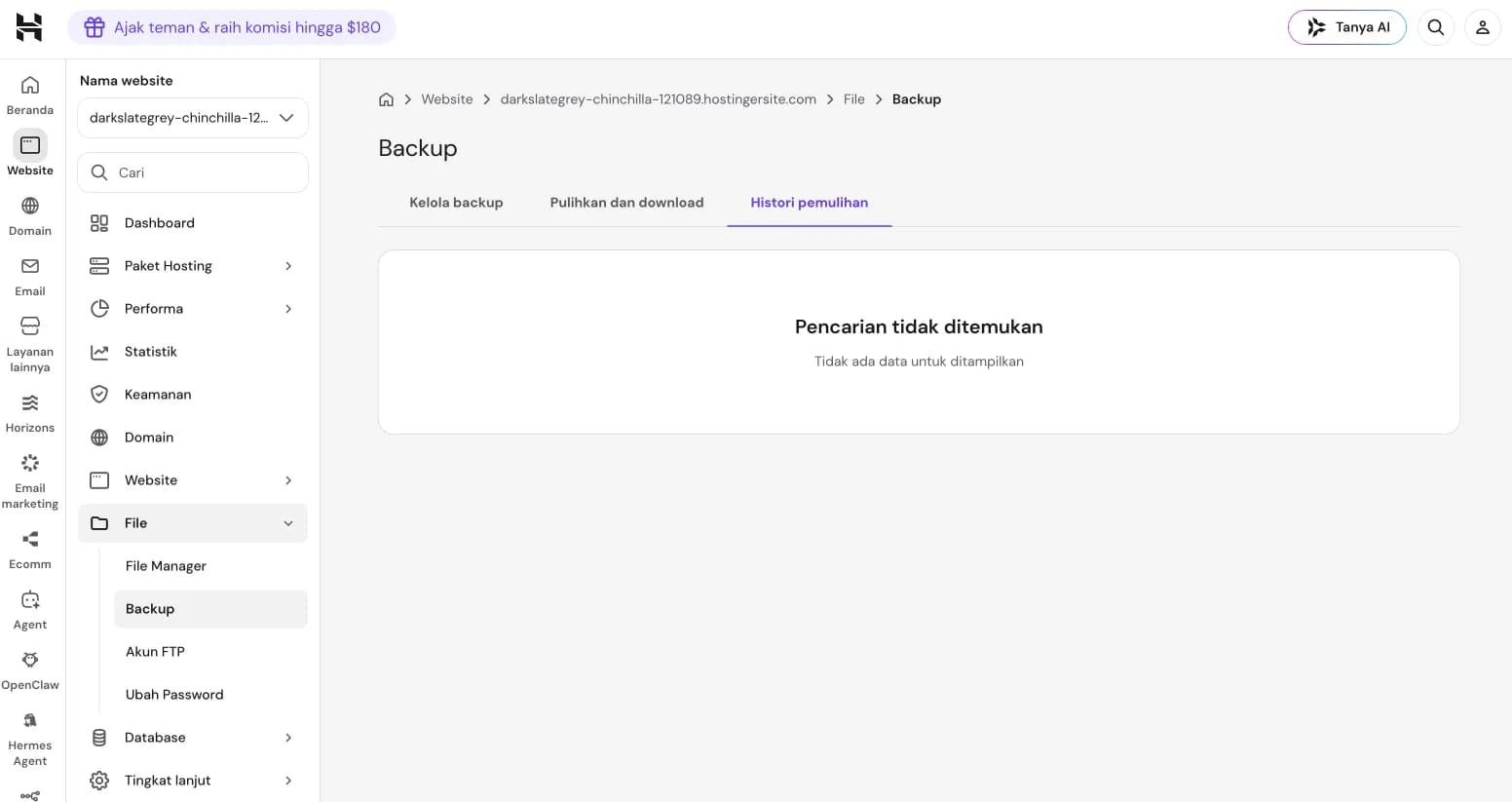 Histori pemulihan backup yang masih kosong