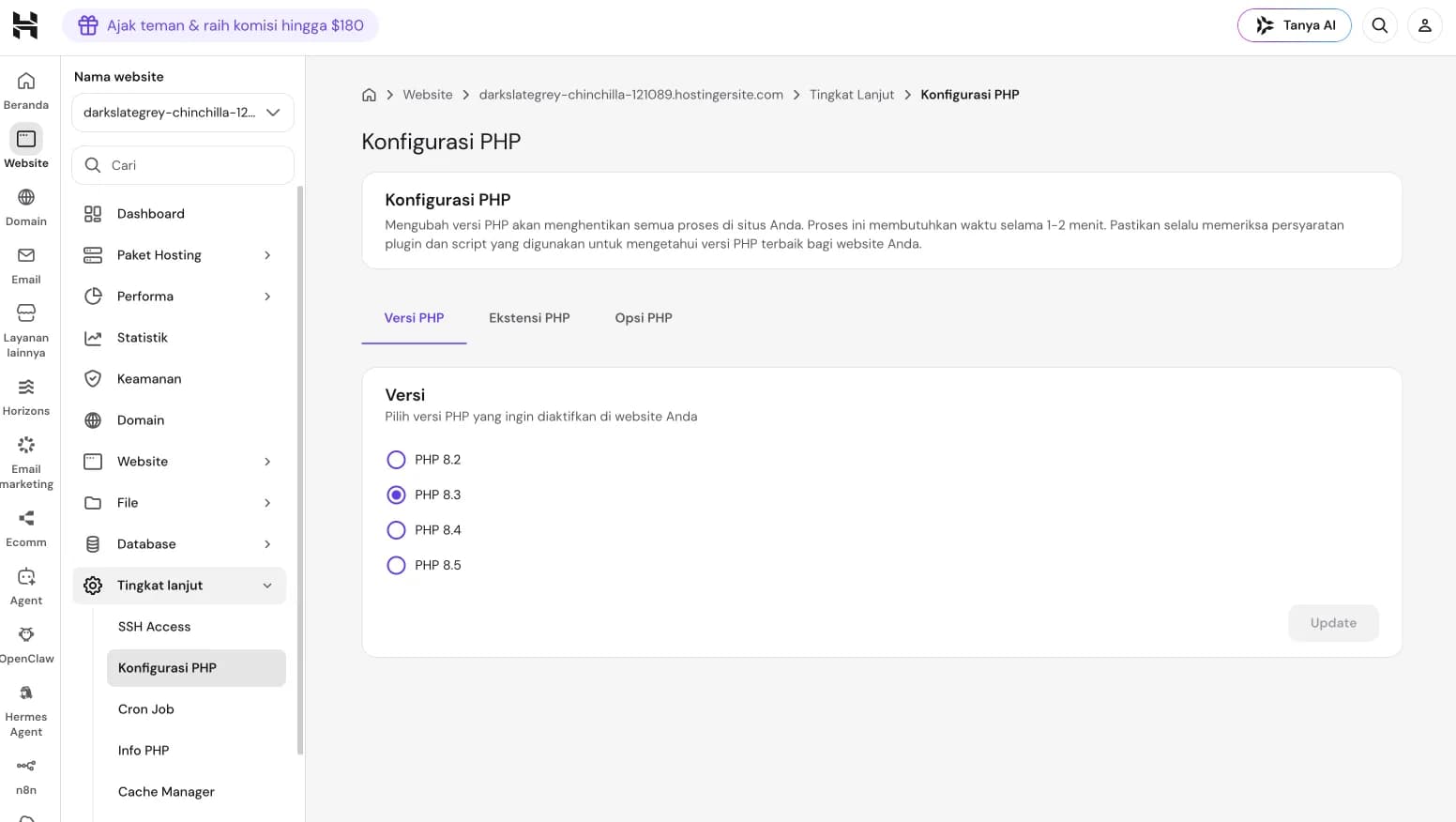 Pilihan versi PHP di hPanel Hostinger