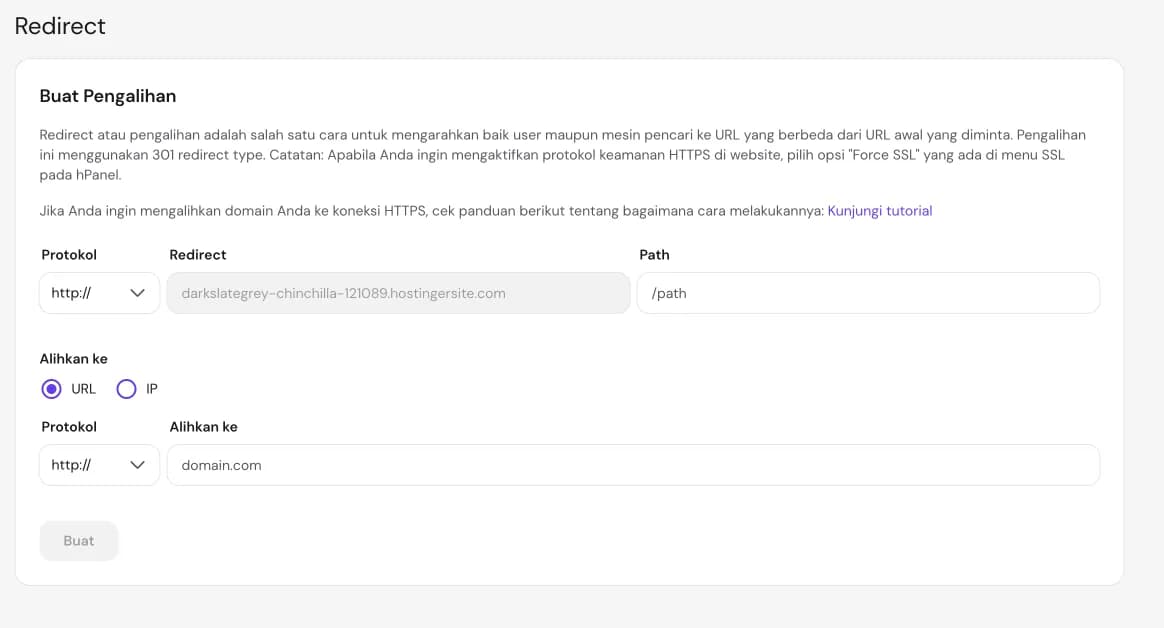 Pengaturan redirect di hPanel Hostinger