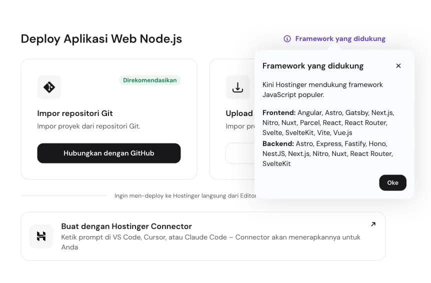 Deploy aplikasi Node.js dan daftar framework yang didukung