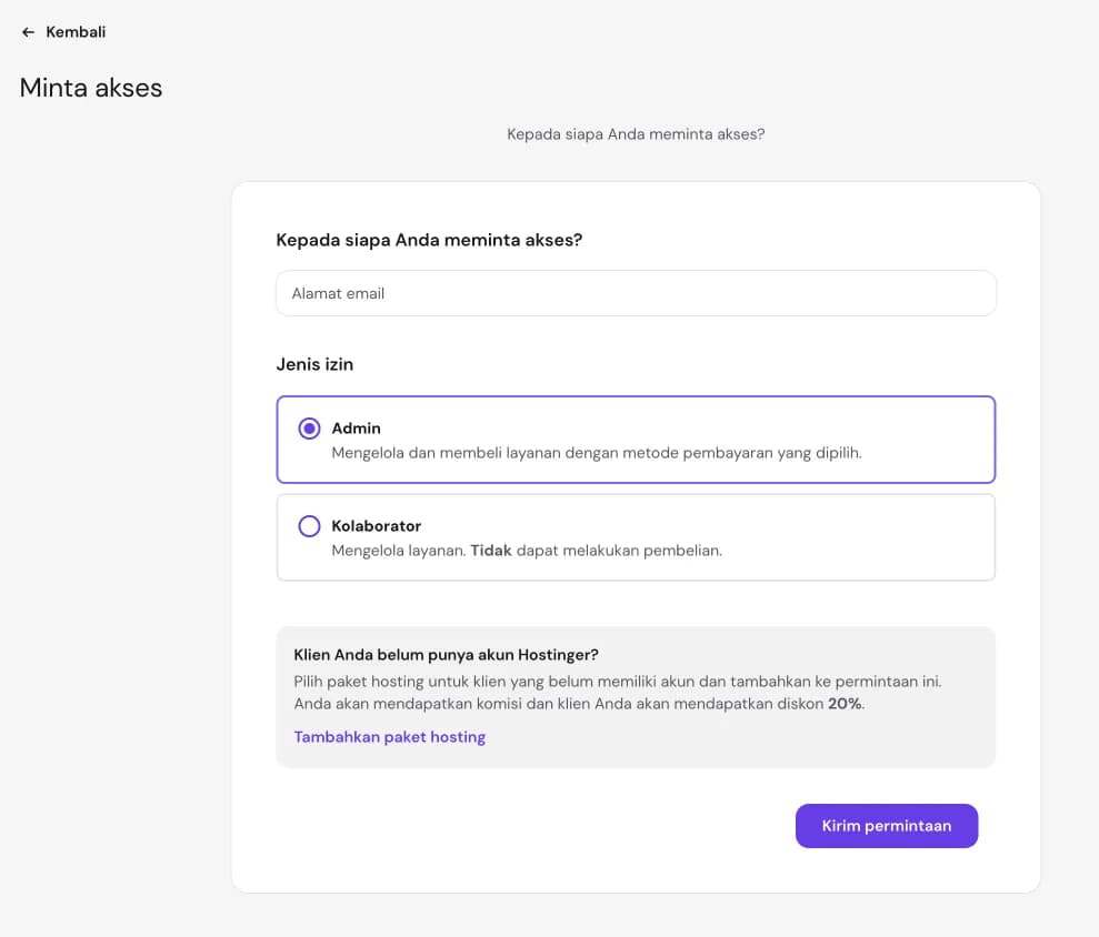Pilihan akses Admin dan Kolaborator di Hostinger