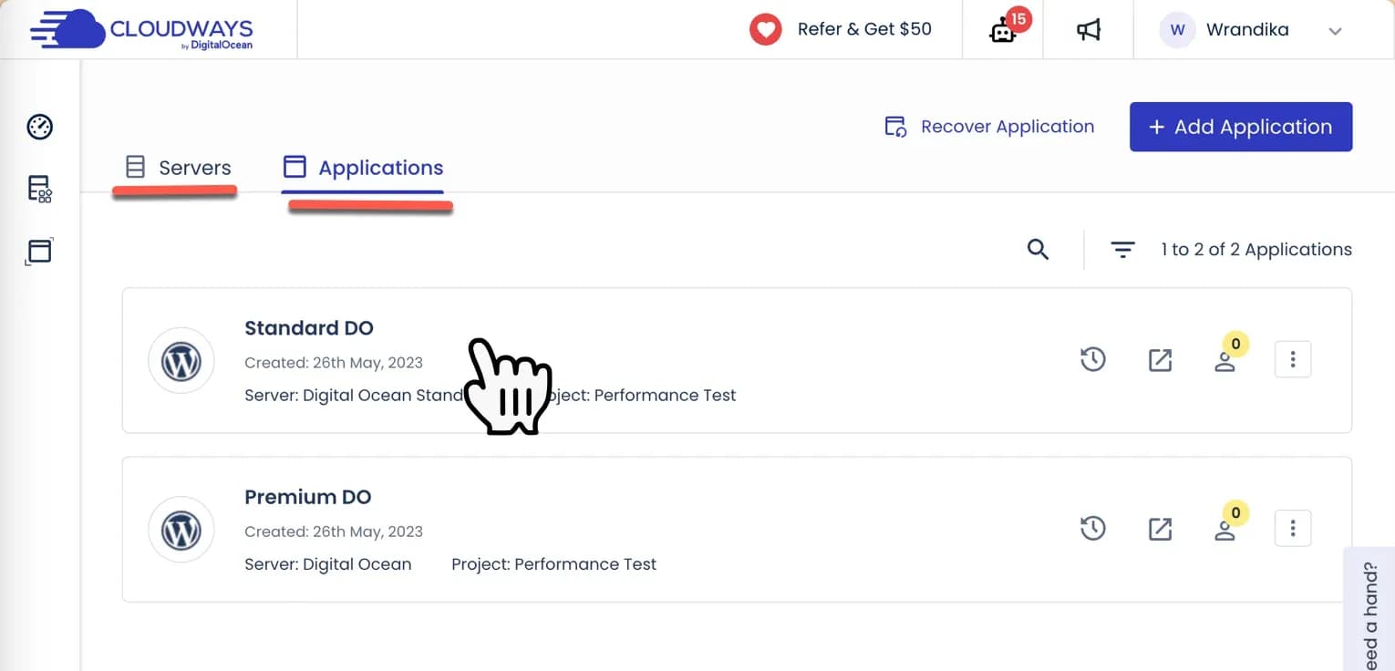 Perbedaan tab Servers dan Applications di Cloudways