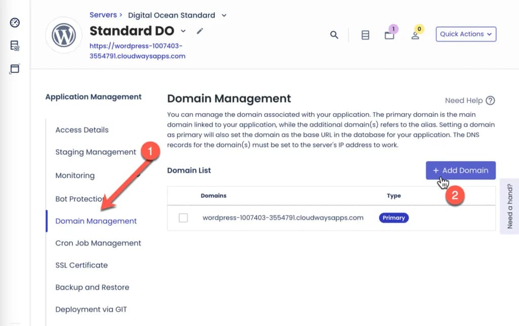 Menu Domain Management di Cloudways