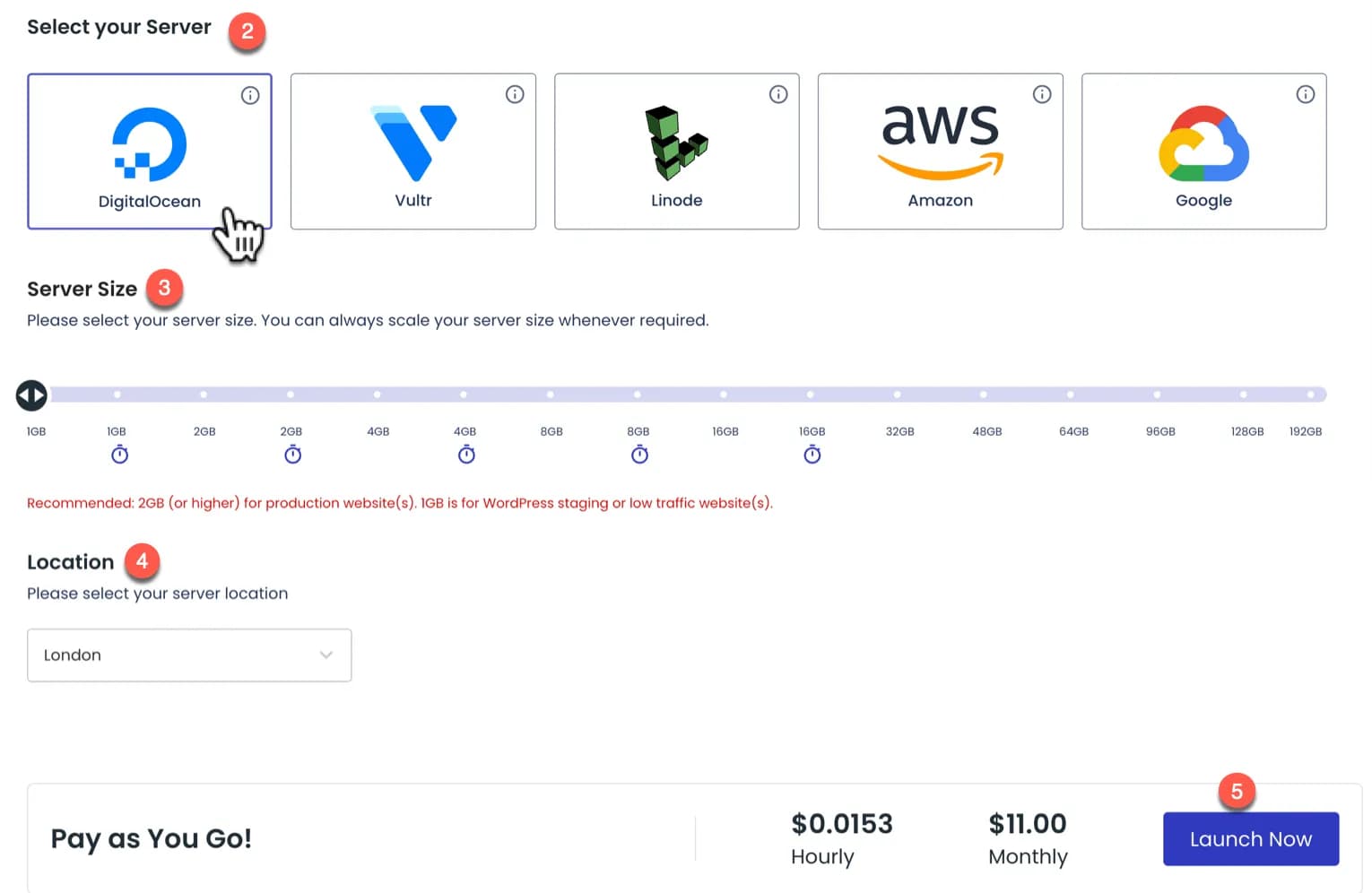 Form pemilihan server, ukuran, dan lokasi di Cloudways