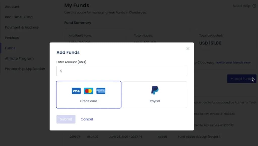 add funds di cloudways