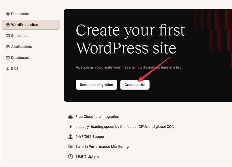 Tombol Create a site di dashboard MyKinsta