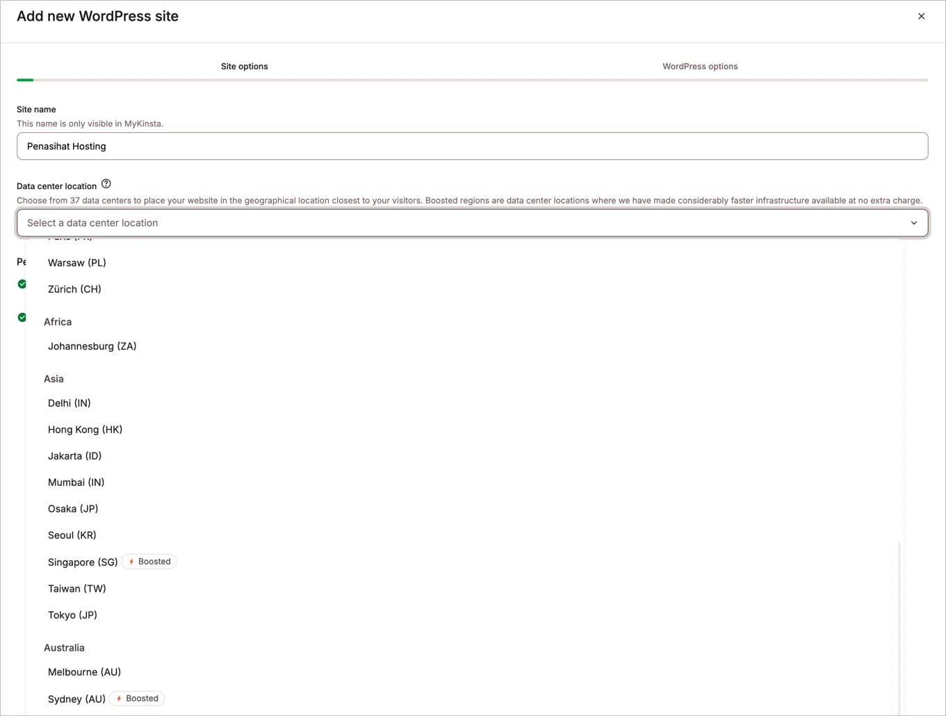Pengisian nama website dan pemilihan lokasi server di Kinsta