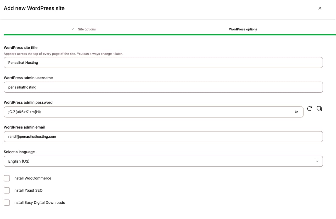 Pengisian detail instalasi WordPress seperti judul, username, dan password