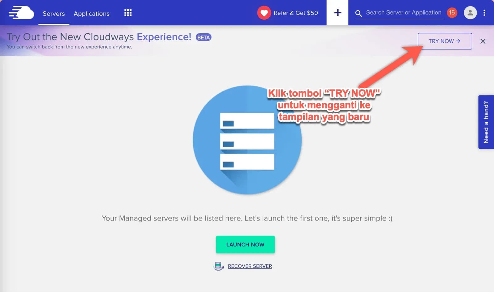 Tombol Try Now untuk beralih ke UI baru Cloudways