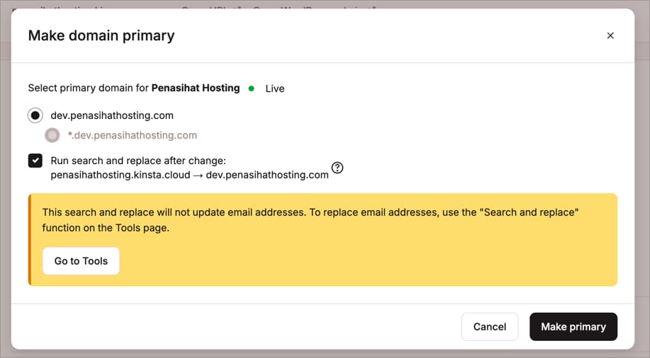 MyKinsta - Run Search and Replace
