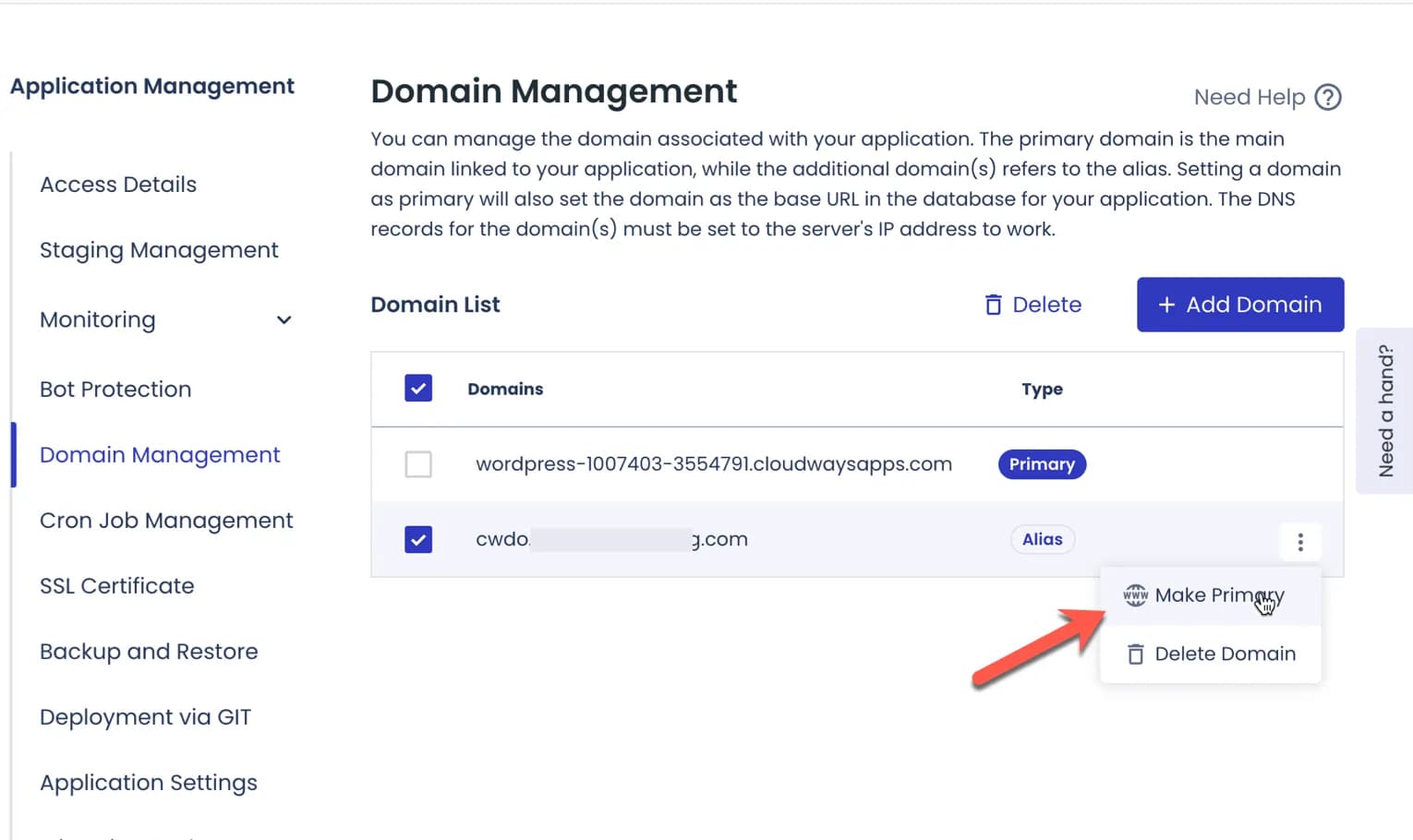 Tombol Make Primary domain di Cloudways