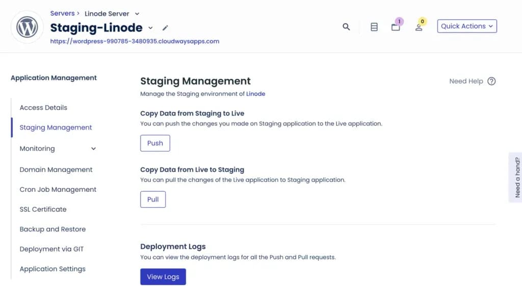 Staging management di Cloudways