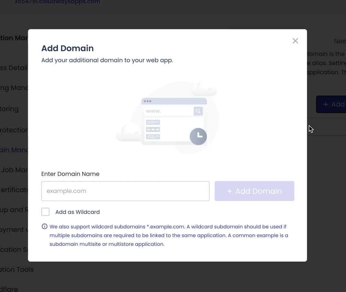 Form penambahan domain di Cloudways