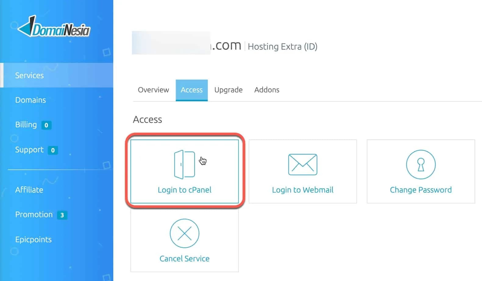 Klik log in to cPanel