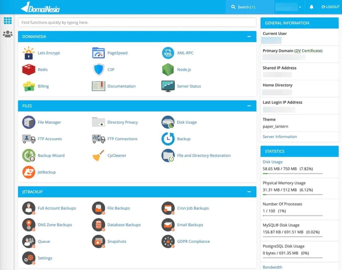 Tampilan cPanel DomaiNesia