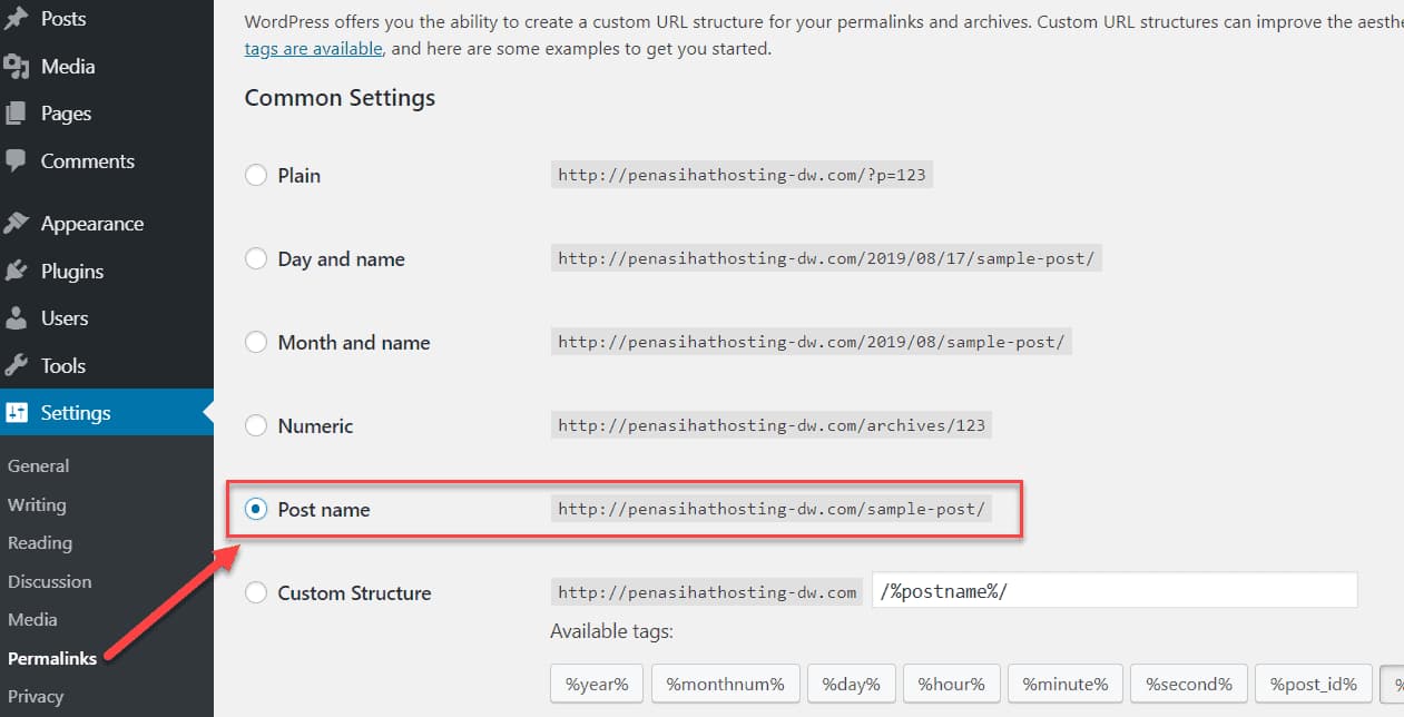 pilih permalinks post name