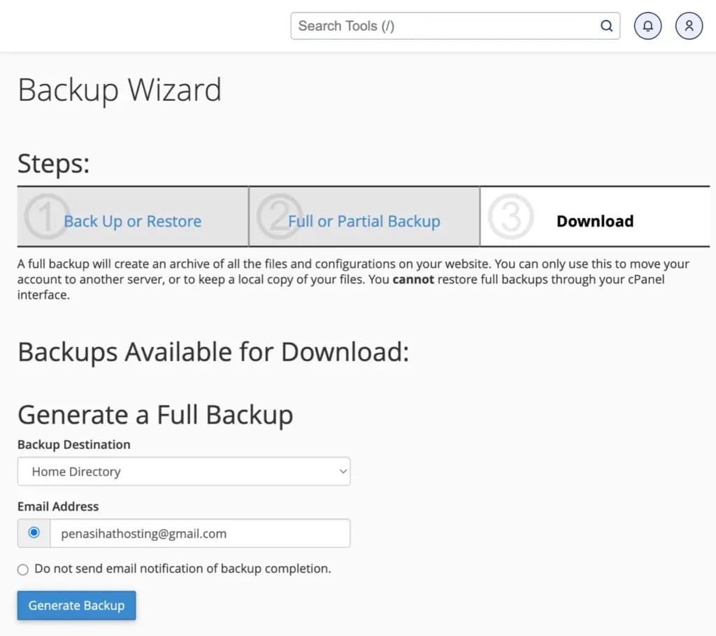Halaman untuk generate full backup di cPanel