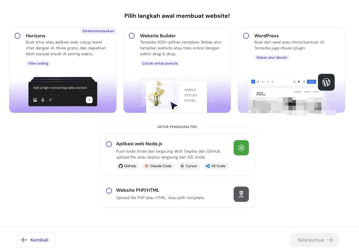 Pilihan Horizons, Website Builder, WordPress, Node.js, dan PHP HTML