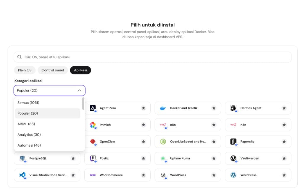 Tab Aplikasi: katalog one-click (Semua 1061, Populer, AI/ML, Automasi)