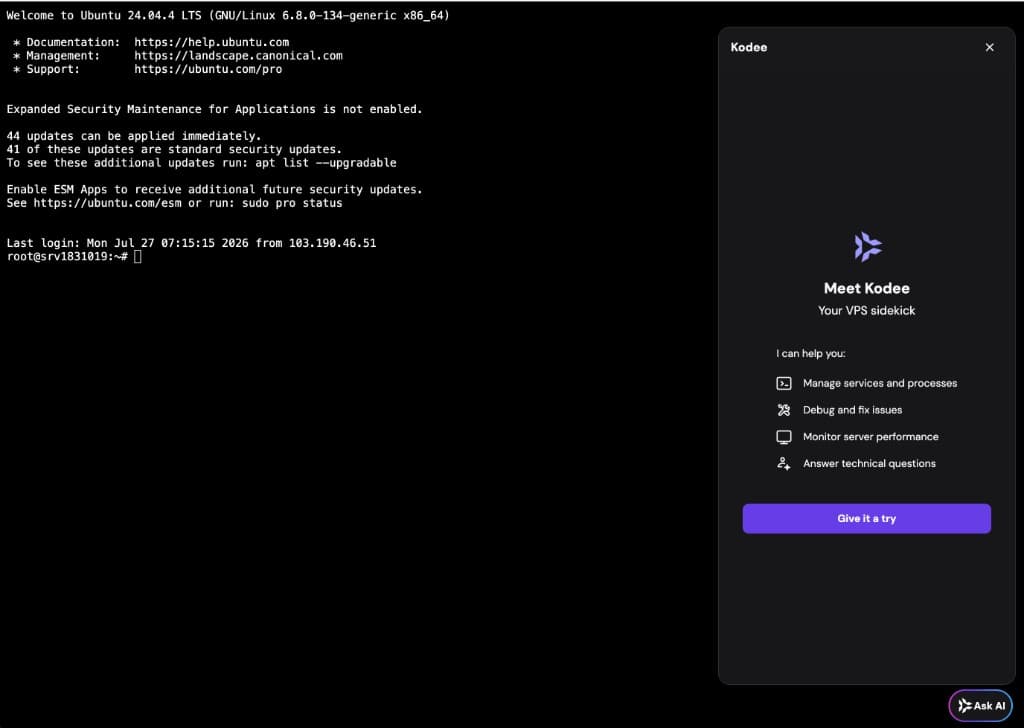 Browser terminal + panel Kodee pertama kali (Meet Kodee)