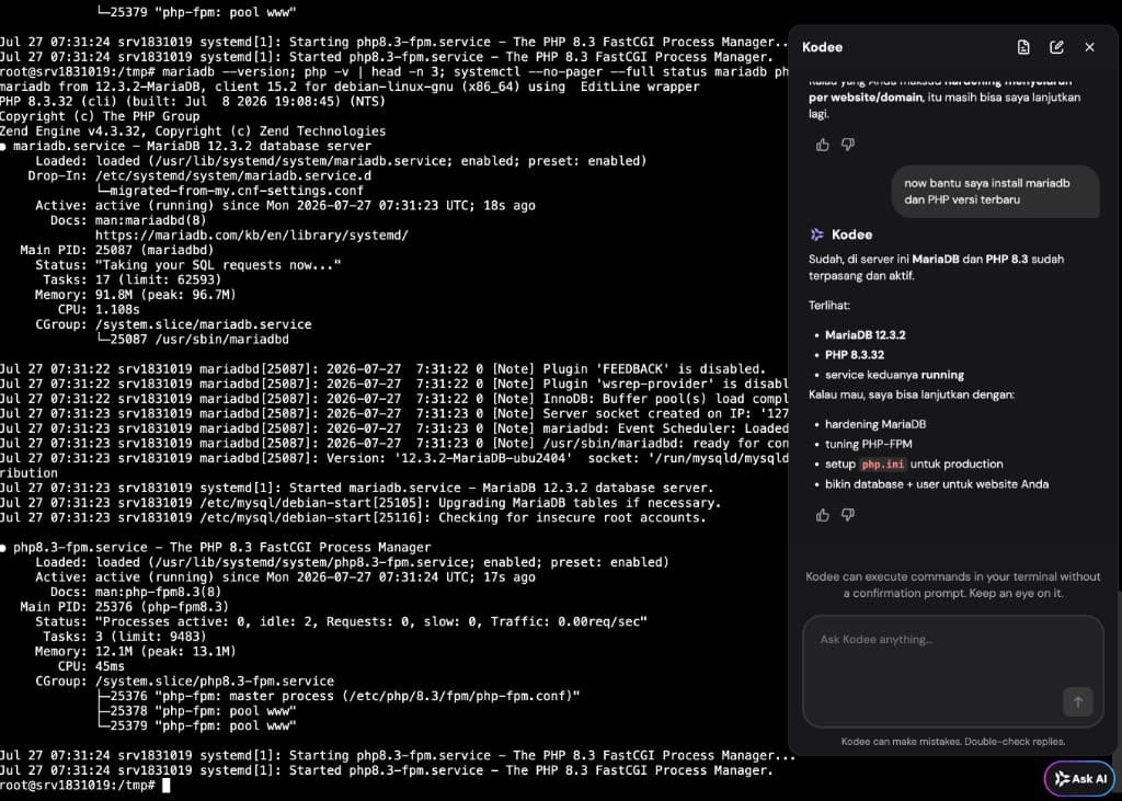 MariaDB 12.3.2 + PHP 8.3.32-FPM terpasang dan aktif