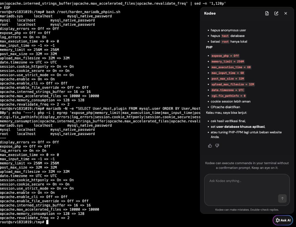 Hardening MariaDB + php.ini lewat Kodee