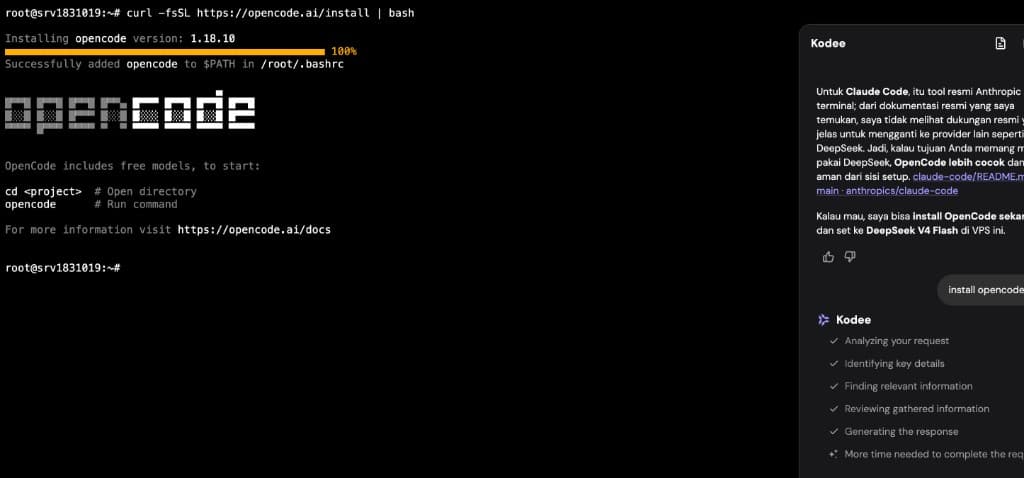 Kodee install OpenCode 1.18.10 (opsi DeepSeek V4 Flash)