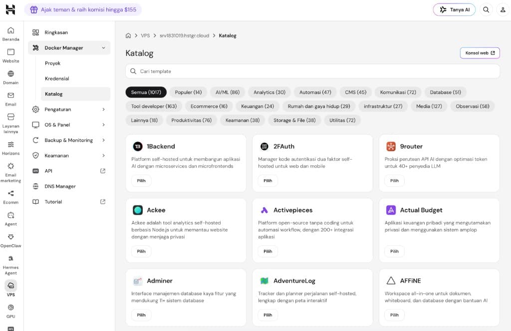 Docker Manager → Katalog (~1017 template)