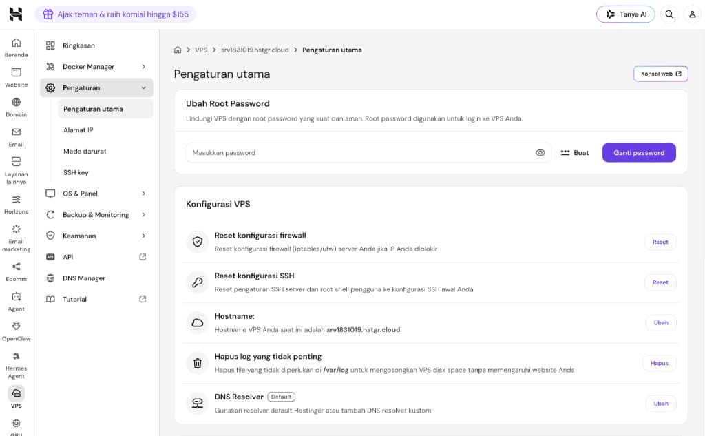 Pengaturan utama VPS: ganti password, reset firewall/SSH, hostname, log, DNS resolver