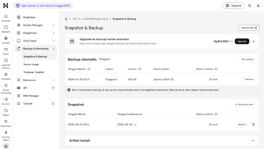 Snapshot & Backup: mingguan off-site Singapura, snapshot, upgrade harian Rp104.900