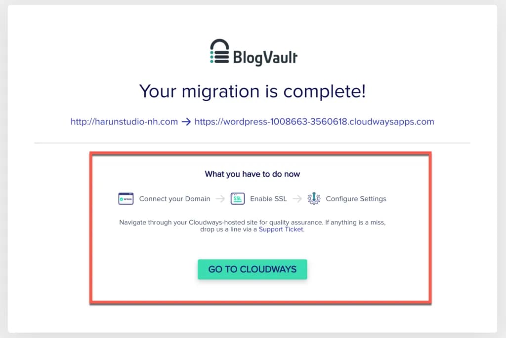 Pesan sukses migrasi Cloudways Pesan sukses migrasi Cloudways