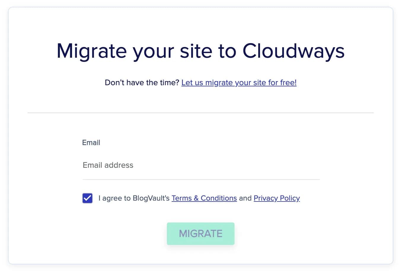 Form migrasi Cloudways dengan field email Form migrasi Cloudways dengan field email