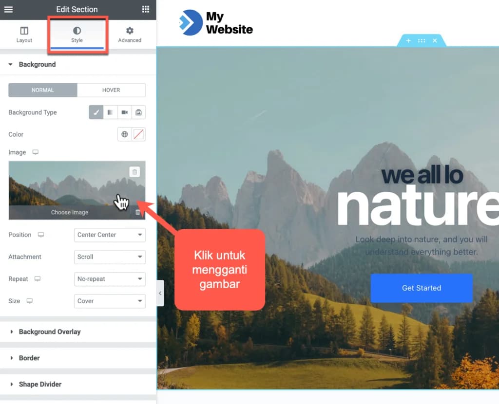 Mengganti gambar background Mengganti gambar background