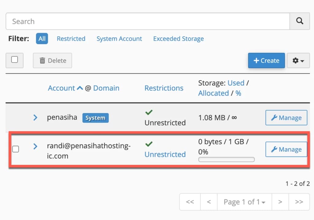 Daftar email accounts yang telah dibuat di cPanel