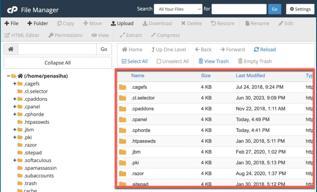 Bagian kanan File Manager menampilkan isi folder