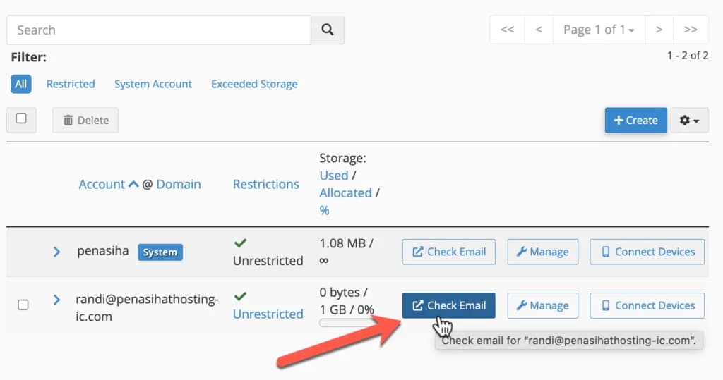 Tombol Check Email untuk mengakses webmail di cPanel