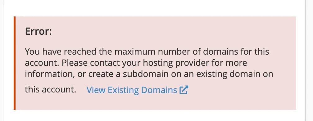 error adding domain Contoh pesan error saat menambahkan domain baru karena batasan paket hosting