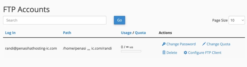 Daftar dan opsi pengelolaan FTP Accounts di cPanel