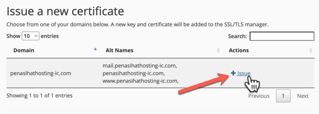 Tombol Issue untuk mengaktifkan SSL Lets Encrypt di cPanel