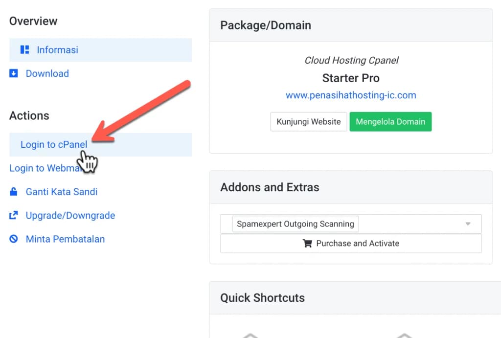 Tampilan halaman login cPanel pada dashboard penyedia hosting IdCloudHost
