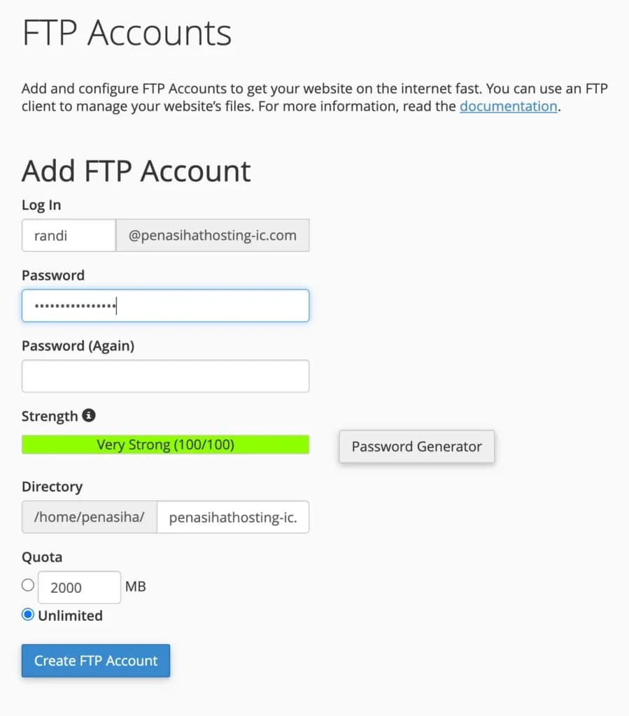 Halaman membuat akun FTP baru di cPanel