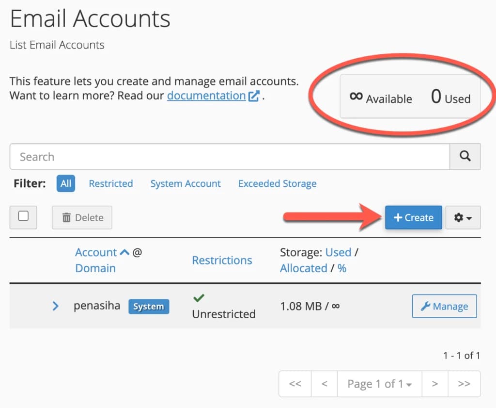 Halaman Email Accounts di cPanel