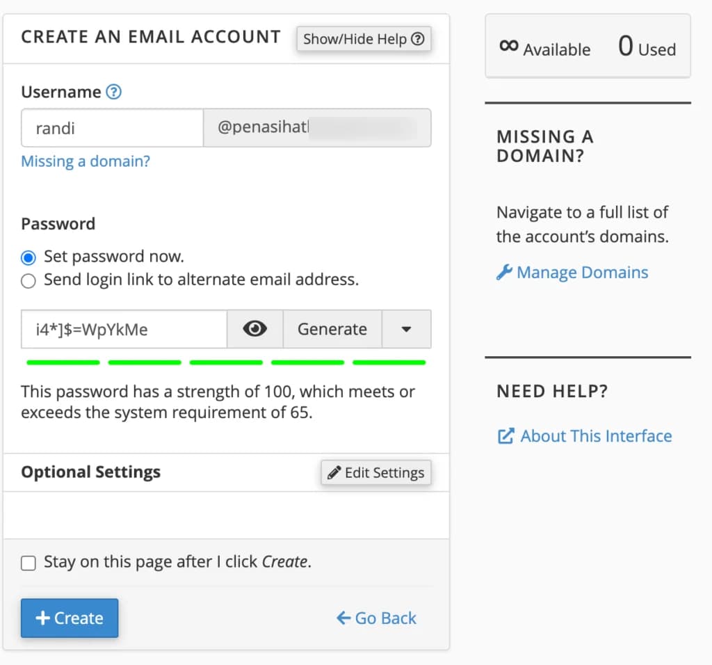 Formulir membuat email account baru di cPanel