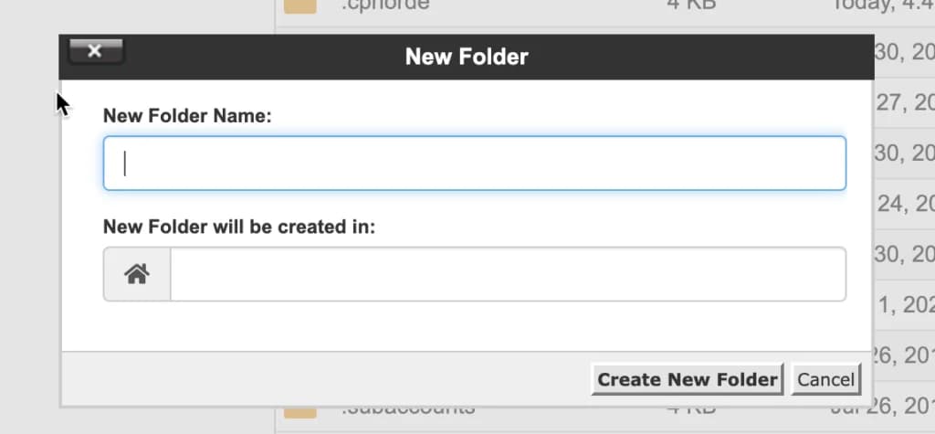 Pop-up untuk memasukkan nama dan lokasi folder baru di File Manager cPanel