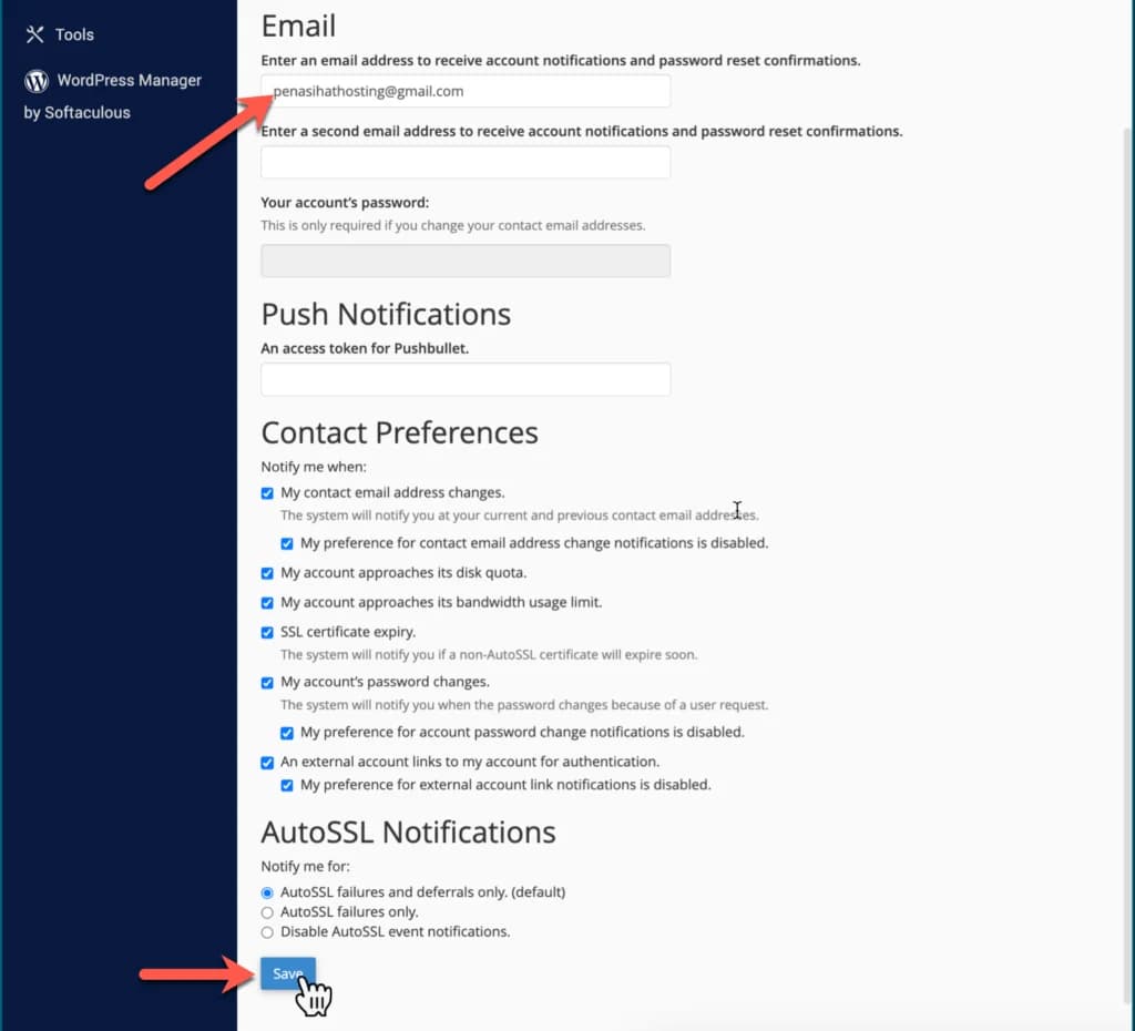 Halaman Contact Information di cPanel