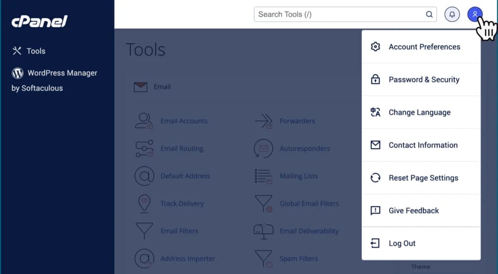 Lokasi search bar, notifikasi, dan user preferences di cPanel